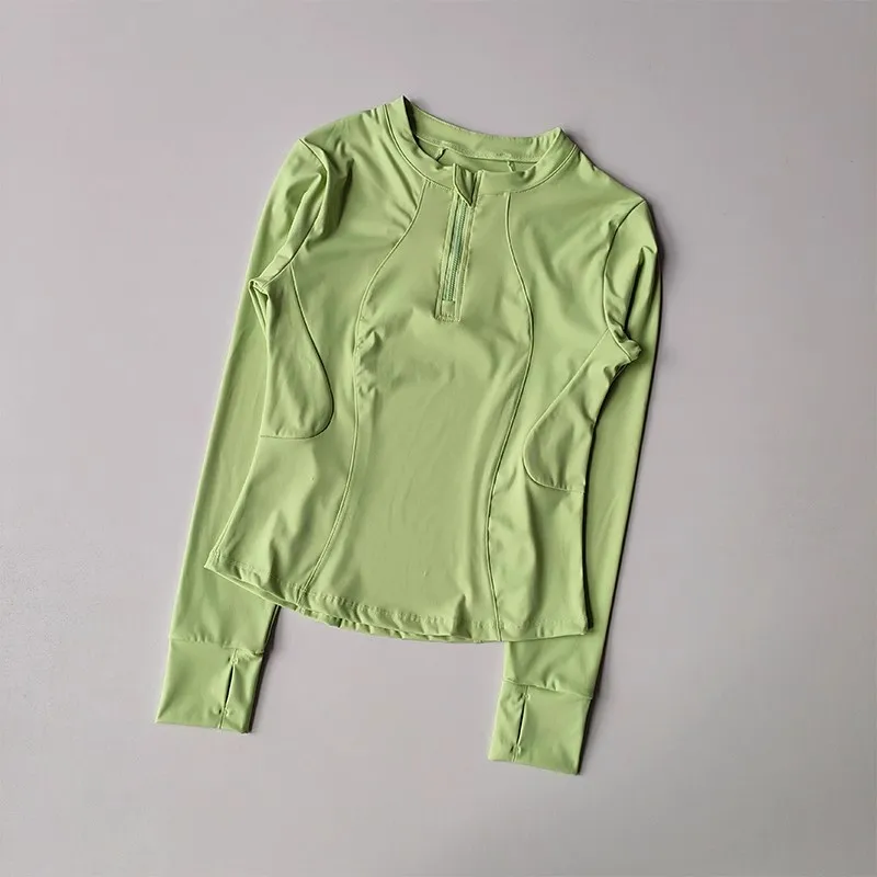 قميص اليوغا واللياقة البدنية للسيدات، نصف سحاب مرن...