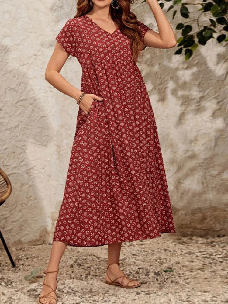 

Casual Retro Printed Dress For Women Summer Short Sleeve V Neck Bohemian Loose Midi Dress Beach Vacation Boho Sundress Vestidos