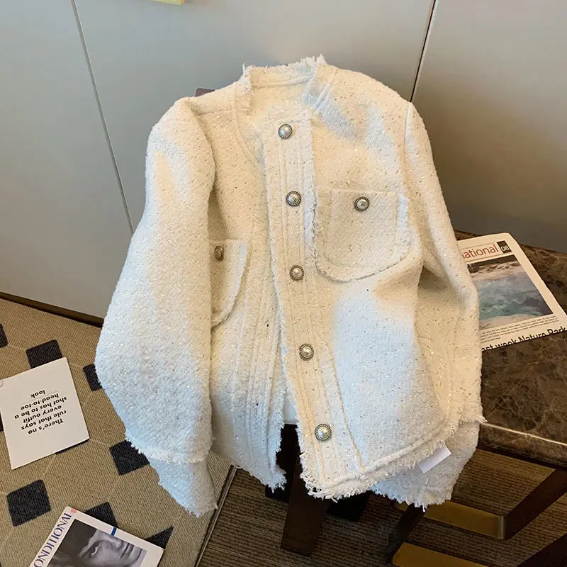 White Korean Tweed Cropped Jacket For Women Autumn Long Sleeve Tassel Luxury Coat Ladies Temperament Single Breasted Outwear