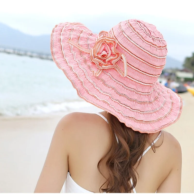 Fashion Women Hat Flower Packable Large Wide Brim Hat Anti-UV Adjustable Ladies Beach Sun Hat