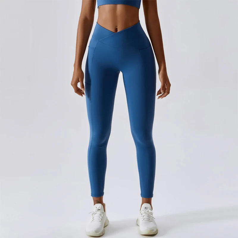 

Sports Nude Feeling Yoga Pants Hip-lifting Pocket Quick Dry Fitness Pants Crossed Waist Head Tight Running Sports Pants Women