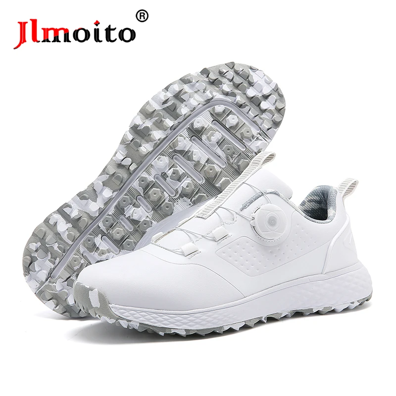 

White Men Leather Golf Shoes Beginners Non-slip Spikes Golf Sneakers Women Golf Training Shoes Quick Lacing Golf Athletic Shoes