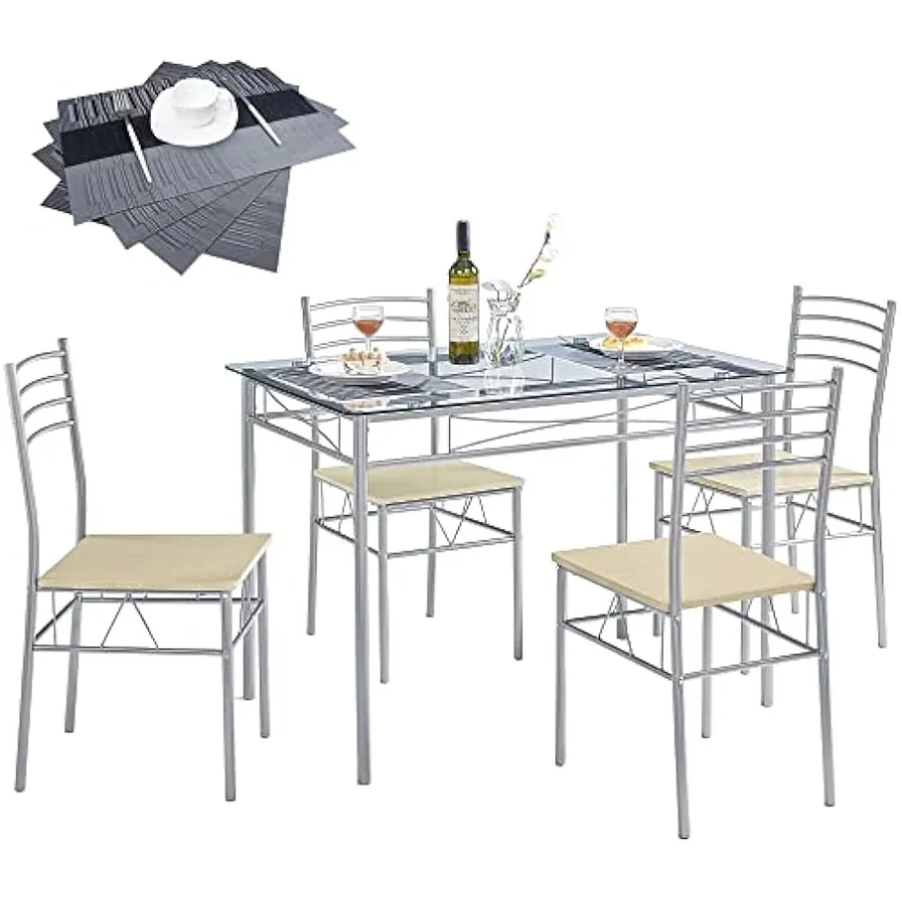 

Kitchen Dining Room Table and Chairs 4, 5-Piece Dinette Sets, Space Saving (Silver)