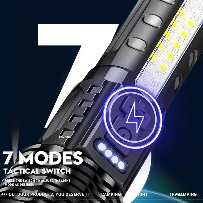 Powerful XHP50 LED Flashlight Waterproof Torch With Side Light 7 Modes Camping Fishing Lantern Type C Rechargeable Zoom Lamp 2