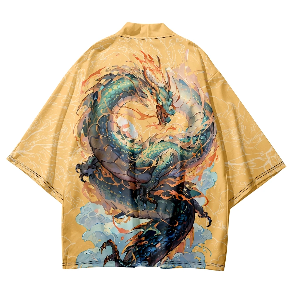 

Fashion Anime Dragon Print Yellow Improved Kimono 2023 Japanese Style Women Men Streetwear Beach Cardigan Cosplay Haori Shirts