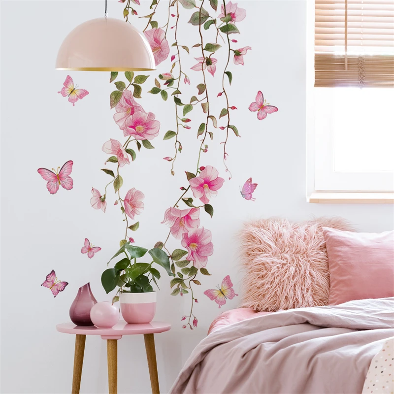 Pink Flowers Plants Vines Butterflies Wall Stickers for Children's Room Living Room Girls Bedroom Decoration Wall Decal Adhesive