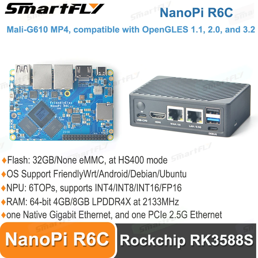 

Smartfly NanoPi R6C роутер Rockchip RK3588S Dual 2,5G Ethernet 4 ГБ/8 Гб RAM 32 Гб eMMC OS поддержка Android TV/Ubuntu/FriendlyWrt