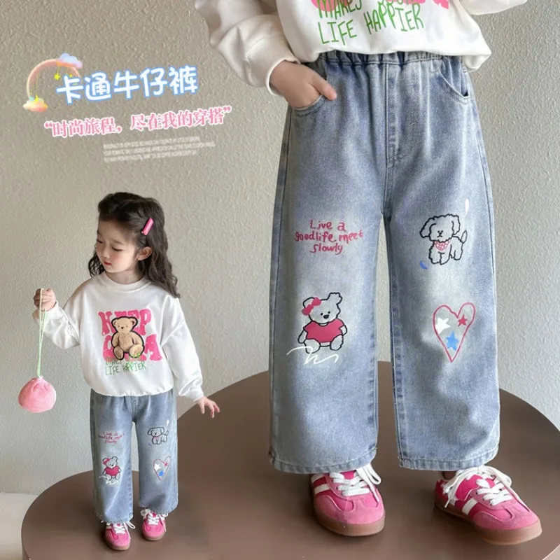  데님 캐주얼 바지 새로운 어린이 프린트 스트레이트 레그 롱 팬츠  야외 모기 퇴치 바지 어린이 얇은 데님 바지
