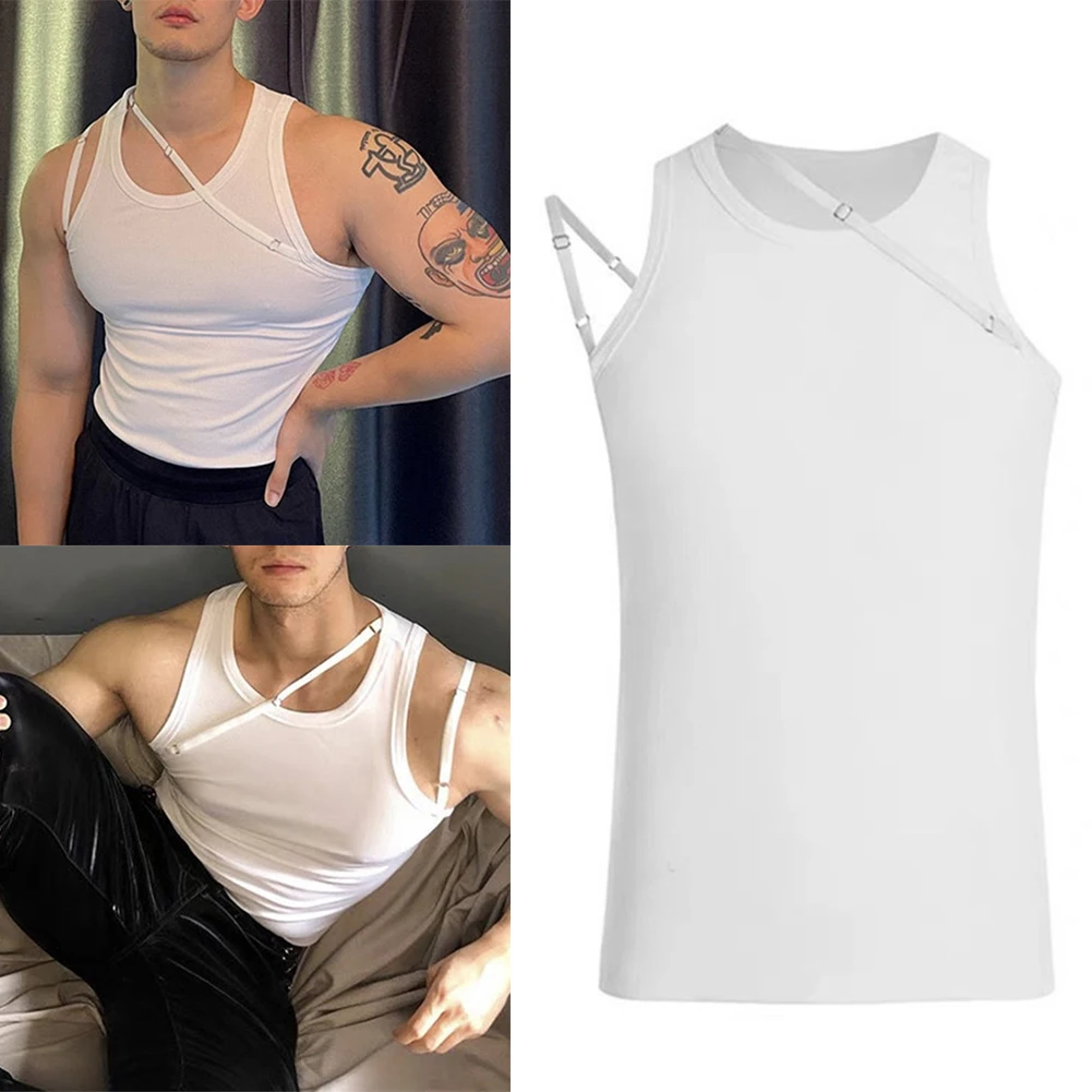 Description Picture 3 of itemT-shirt Tank Tops Vest Elastic Slim Fit Irregular Strap Mens Sexy Sleeveless Sling Tight Daily Holiday Comfy Male