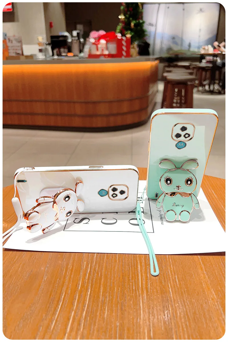 3D Rabbit Astronaut CaseFor Motorola Moto G53 E7 G8 Power G9 Play G50 G20 G30 G60 G82 E20 Edge 20 Folded Bracket Plating_voghion.com