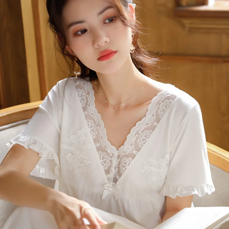 Short White Lace Sleepwear Sexy Lace V Neck Night Dress Women