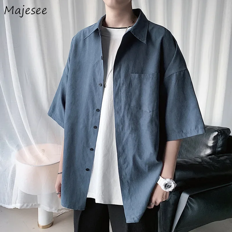 

Shirts Men Stylish Cool Simply Gentle All-match Pure Color Ulzzang Summer Breathable Clothing Male Teens College Half Sleeve Ins