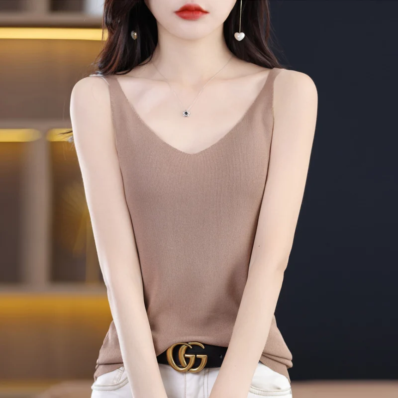 

Women's Summer V-Neck Ice Silk Tank Top French Fashion Thin Fit Solid Color Sleeveless Strap