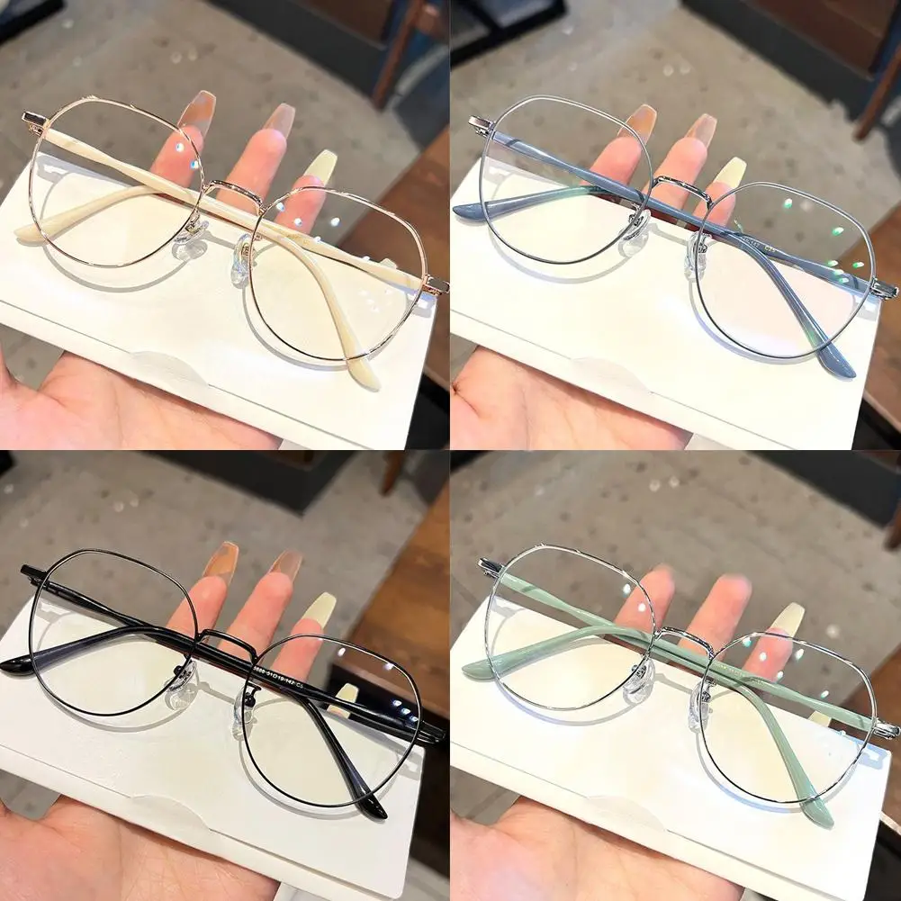 Anti Blue Light Glasses Anti Radiation Glasses Women Glasses Fashion Eyeglasses Clear Glasses Women Polygonal Metal Frame Eye Glasses Blue Light Eyewear Fashion Anti Eyeglasses 0 Mirror Flat Girl X5T3