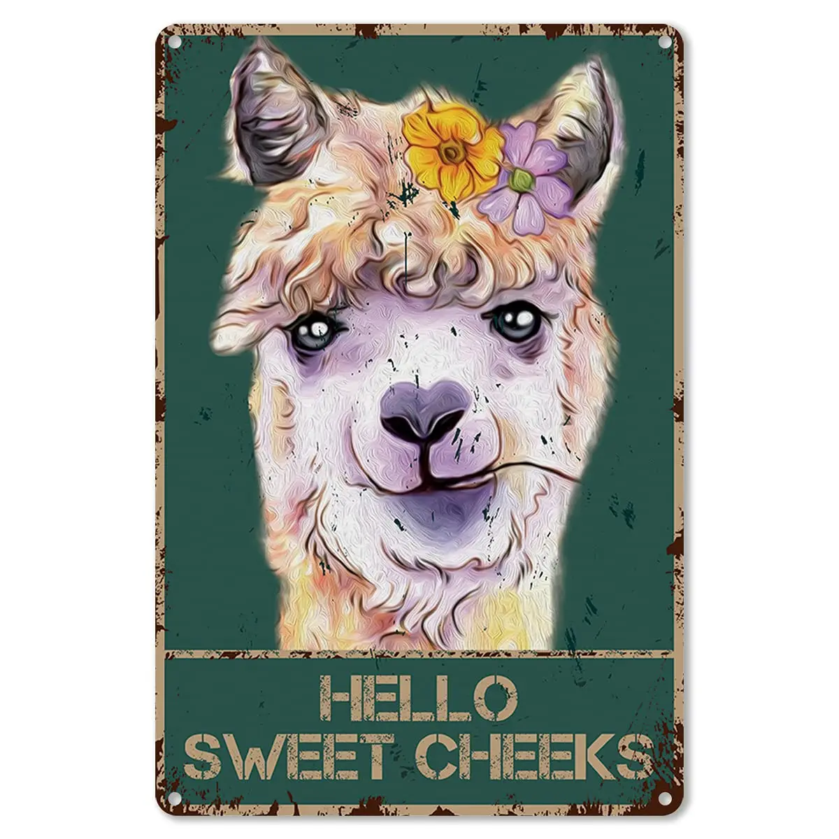 

Bathroom Quote Metal Tin Sign Wall Decor - Vintage Hello Sweet Cheeks Alpaca with Flowers Tin Sign for Toilet Bathroom Washroom