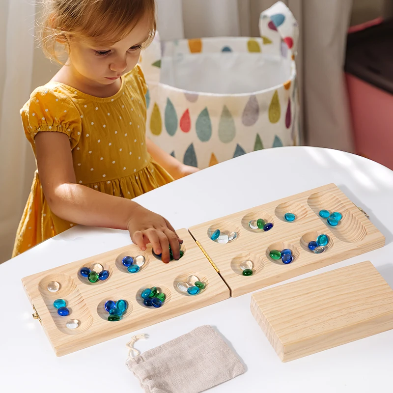 Relaxdays Gioco Da Tavolo Mancala Kalah In Legno - Gioco Di Strategia Per 2 Giocatori - 48 Pietre Colorate - Richiudibile