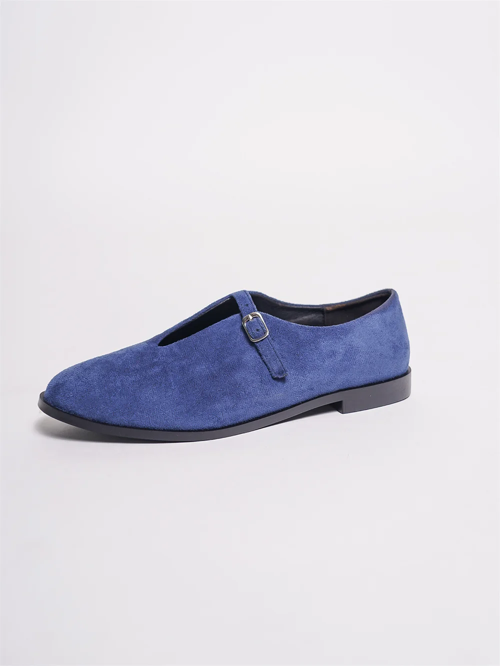 Ballerine blu in flock da donna con cinturini e punta rotonda_voghion.com
