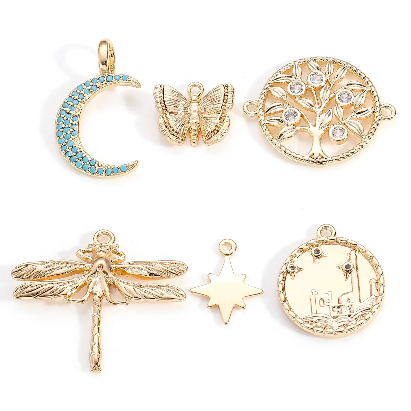 2 stücke Kupfer Charms Gold Farbe geometrische Schmetterling Libelle Baum Strass Anhänger DIY Halskette Ohrringe Schmuck Geschenk Befunde – Detail 2