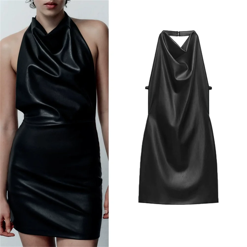 

Autumn new style black leather skirt backless evening dress for women PU imitation leather halter neck dress 8698560