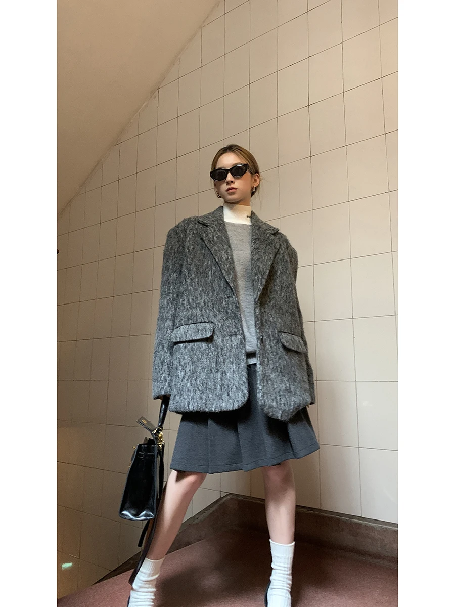 Red Celebri Club Women's Woolen Suit Jaet ort Thiened Autumn Winter ay Color High Design Sense Woolen Coat