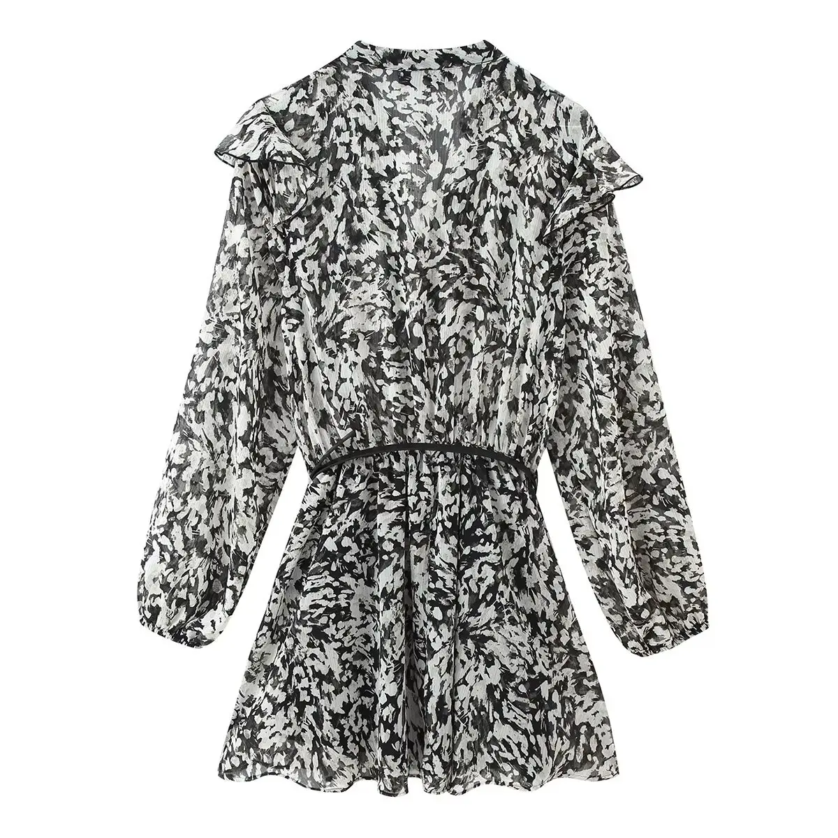 Women Printed Dress Spring Autumn New French Style Mini Dress With Belt Lady V-Neck Sexy Fashion High Street Cute Short Dress