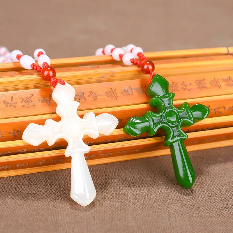 Fashion Chinese Green Jade Cross Pendant Necklace Hand Carved Charm Jadeite Natural Jewelry Amulet for Men Women Gifts White