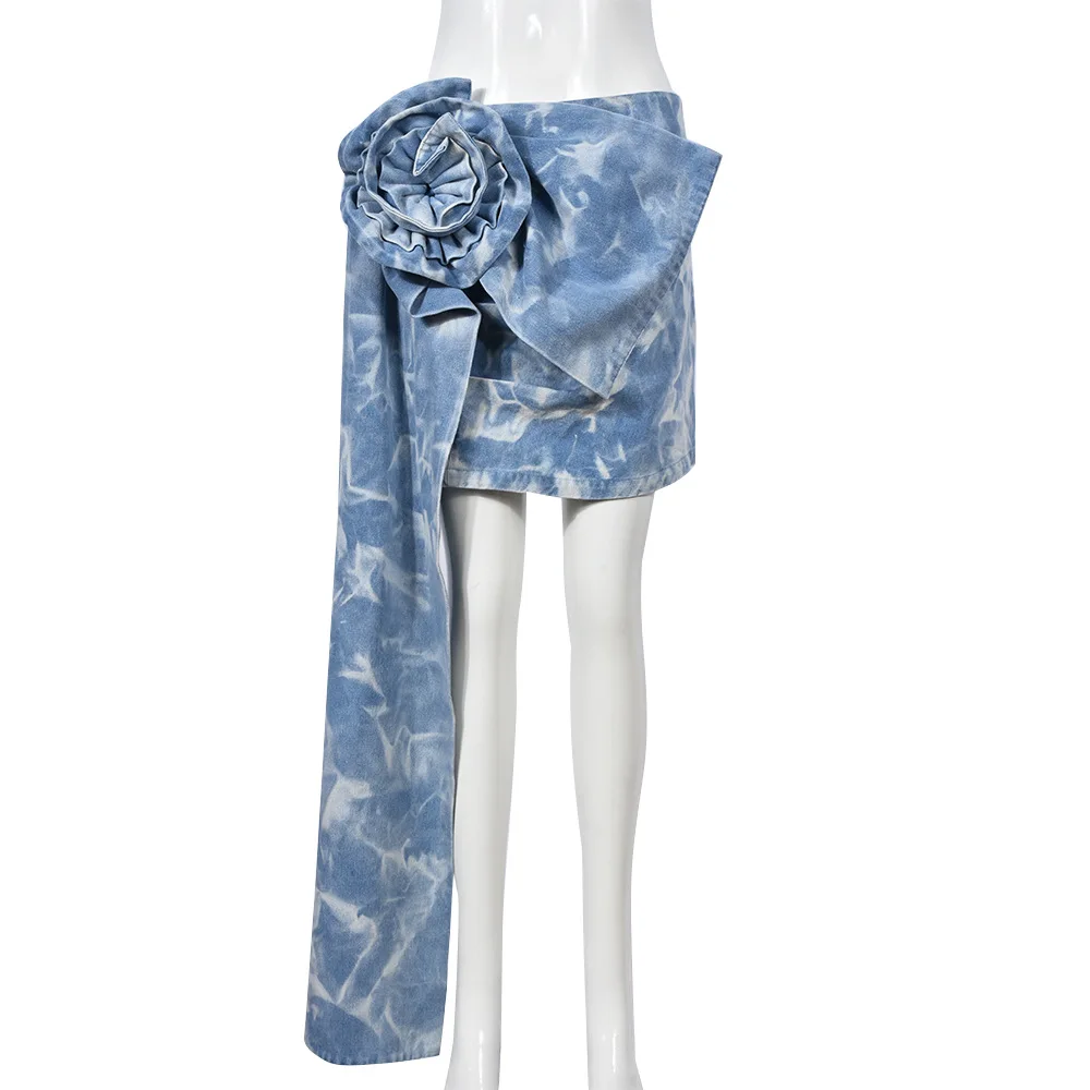 3D Flower Jeans Mini Skirts Women Fashion Ribbon Bodycon Tie Dye Print Denim Petticoats Y2K Streetwear Casual Matching Bottoms