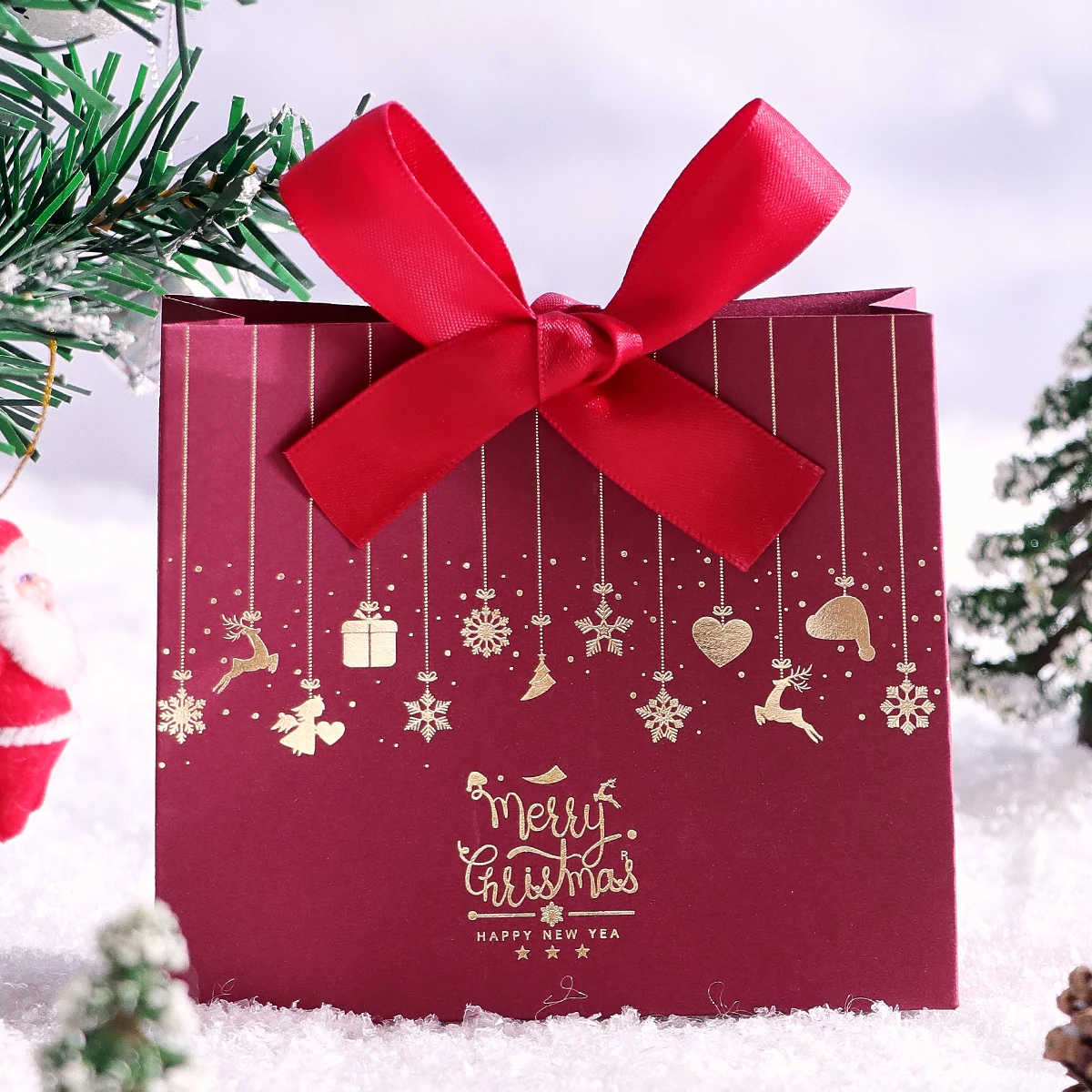 10-teilige Weihnachtsgeschenkbox mit Schleife, Weihnachtsmann-Schlitten und Rentiermuster, Weihnachtsgeschenktüten für Süßigkeiten, geeignet für Feiertagsfeiern – Detail 7