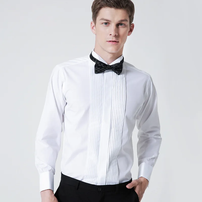 Classic Winged Collar Dress Shirt Men's Wingtip Tuxedo Formal Shirts with Red Black Bow Tie Party Dinner Wedding Bridegroom Tops