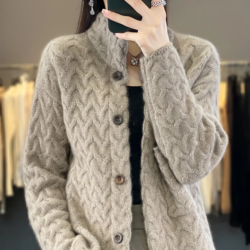 Retro Stand Collar Knitted Cardigan Loose-fitting Short Coat Women's Sweater