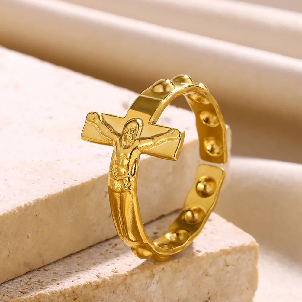 Jesus Cross Rings For Women Men Gold Color Stainless Steel Adjustable Ring