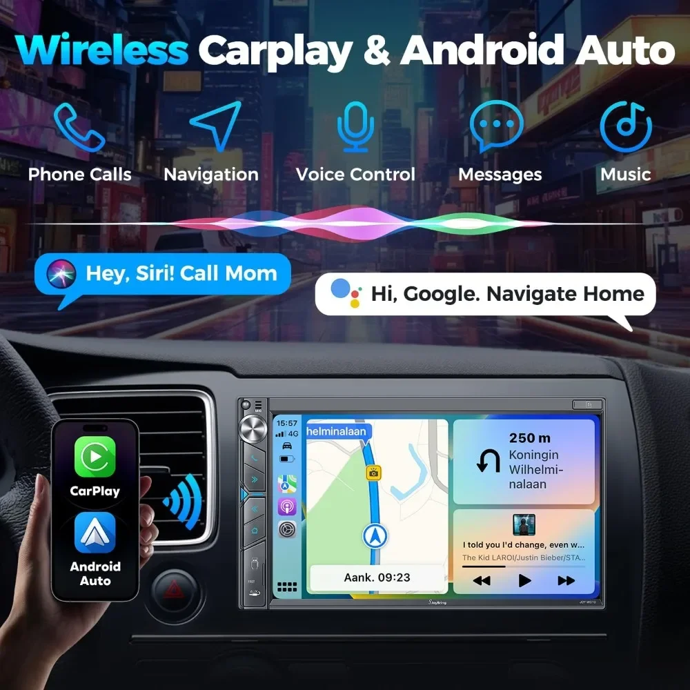 hot-SJoyBring Upgrade Wireless Double Din Car Stereo with Apple Carplay, Android Auto, Dash Cam, Bluetooth, 4-Channel RCA, 2 Su