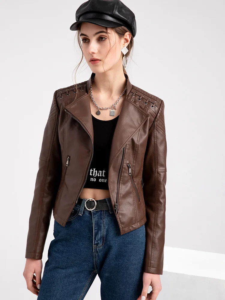 

PU Faux Leather Jacket Women Zipper Slim Vintage Short Coats Woman Winter 2022 Turn-Down Collar Overcoat Fashion New