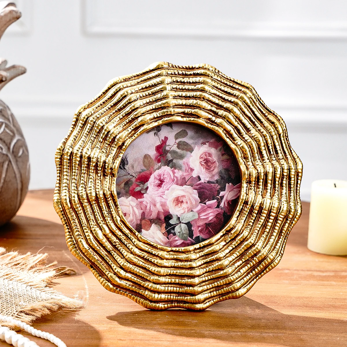 1PC Retro Gold Lace Decoration Round Photo Frame, Suitable for Photo Display Home Decoration Photography Shooting Props