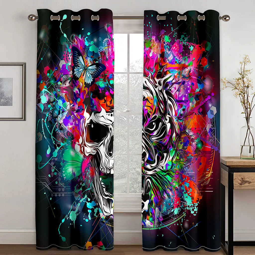 

3D Print Boy Psychedelic Abstract Art Skull Flowers Horror 2 Pieces Shading Window Curtains for Living Room Bedroom Decor Hook