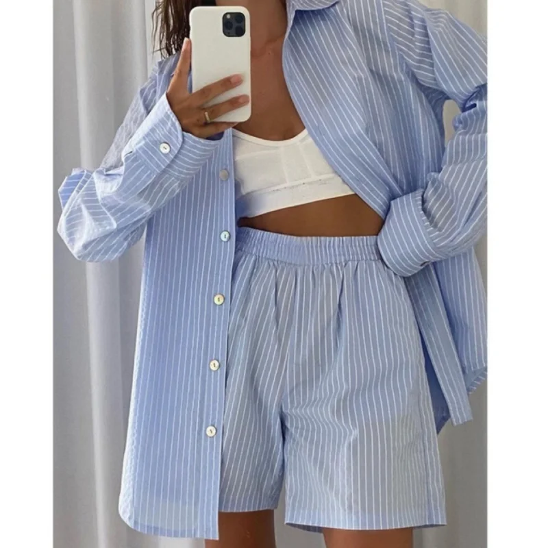 

Women's Striped Long Sleeved Shirt Set, Casual Sportswear, Loose Fitting Top, High Waisted Shorts, 2-Piece