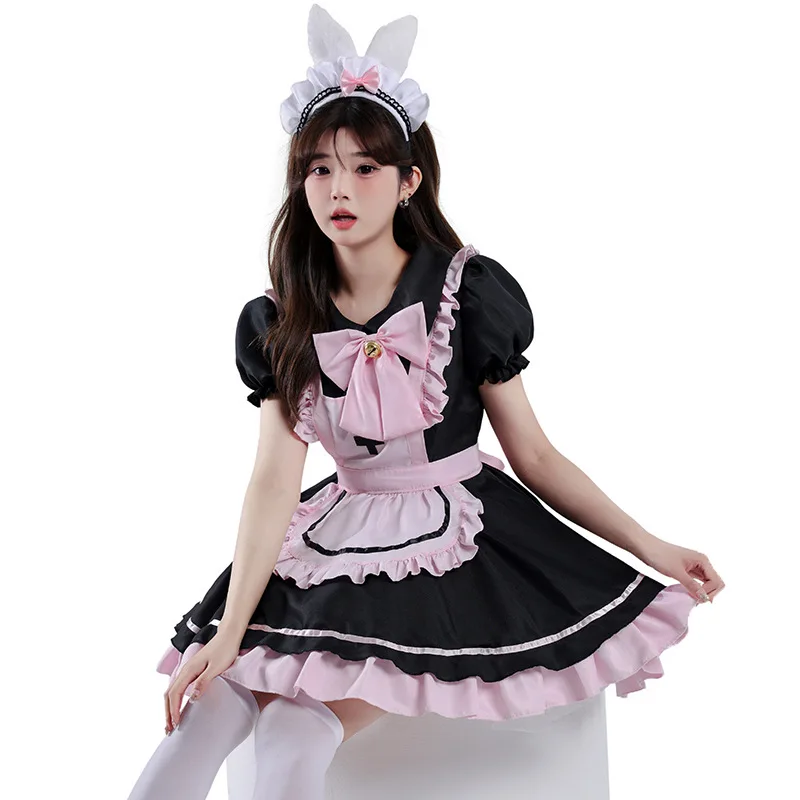 Anime Black Pink Lolita Maid Cosplay Kleid mit Schleife – Süßes Mädchen Kostüm 24