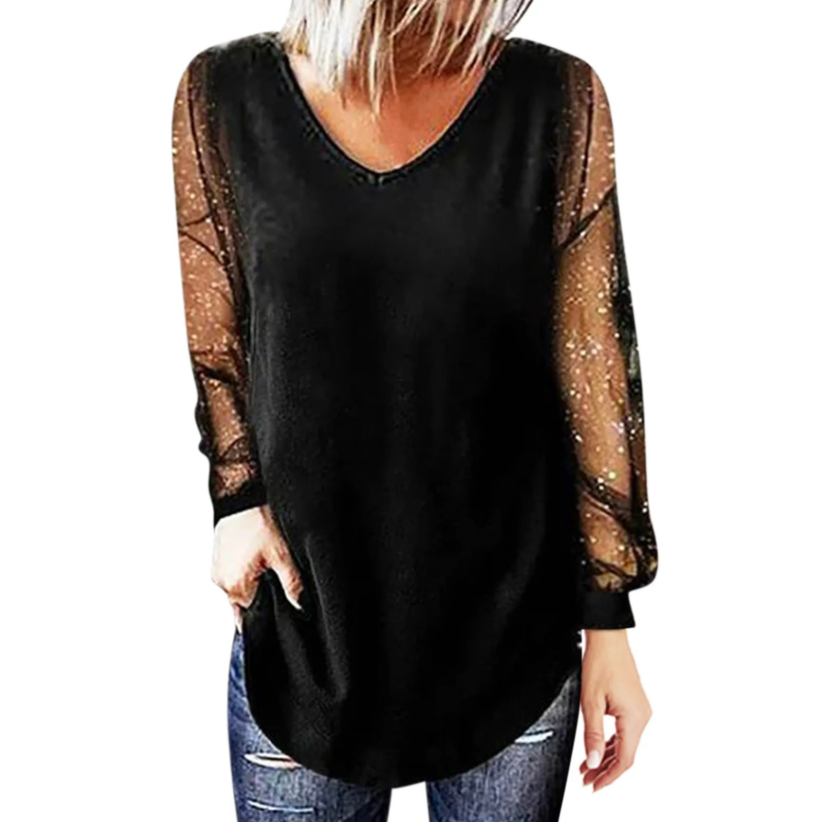 Blusas de manga larga lentejuelas de malla para mujer, camisas sexys de larga con pico para mujer, camisetas informales para oficina, Blusas de otoño| | - AliExpress