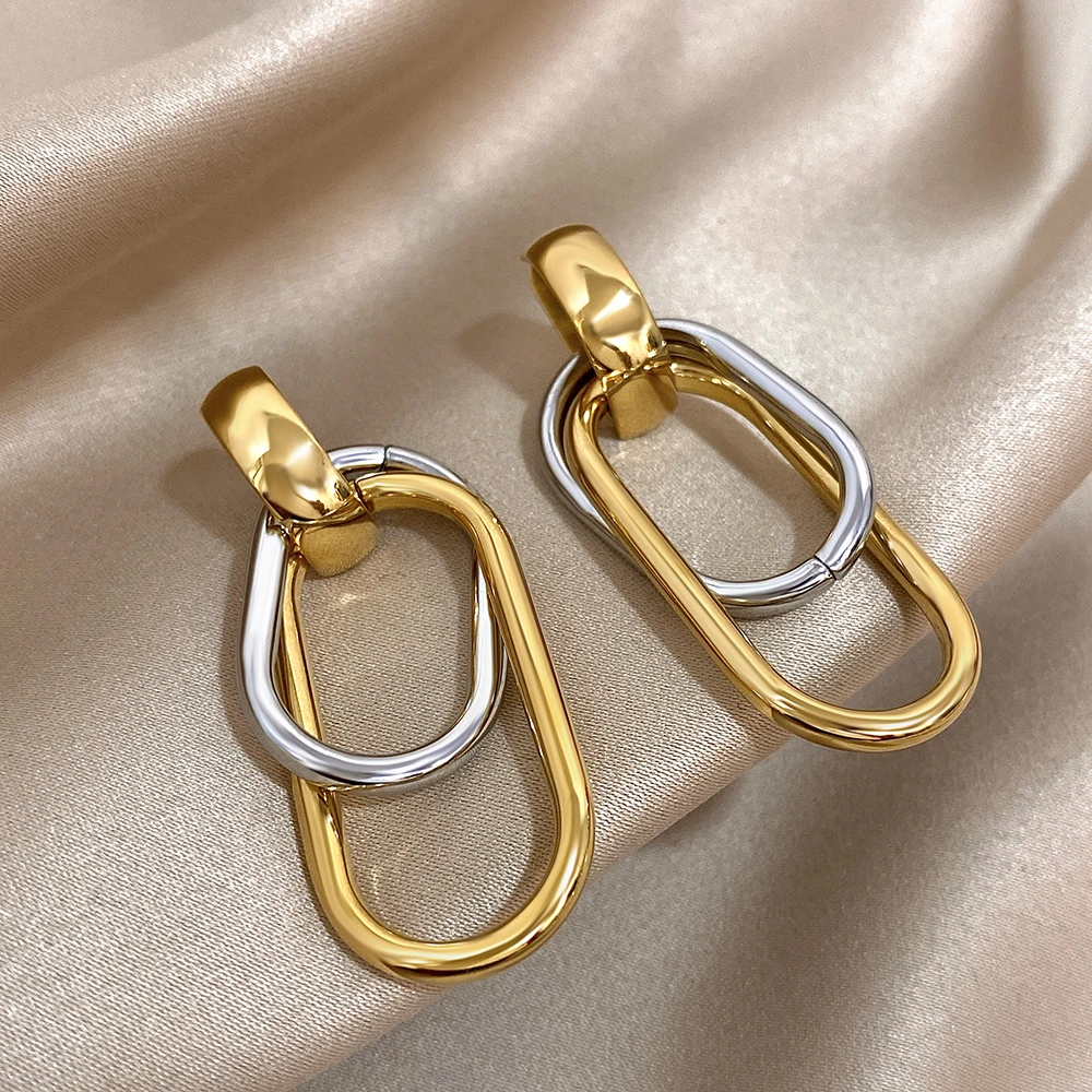 Mode Edelstahl Gold Silber Farbe Tropfen Ohrringe für Frauen Glänzend Doppel Schicht U-förmigen Anhänger Ohrringe Schmuck Geschenke – Detail 6