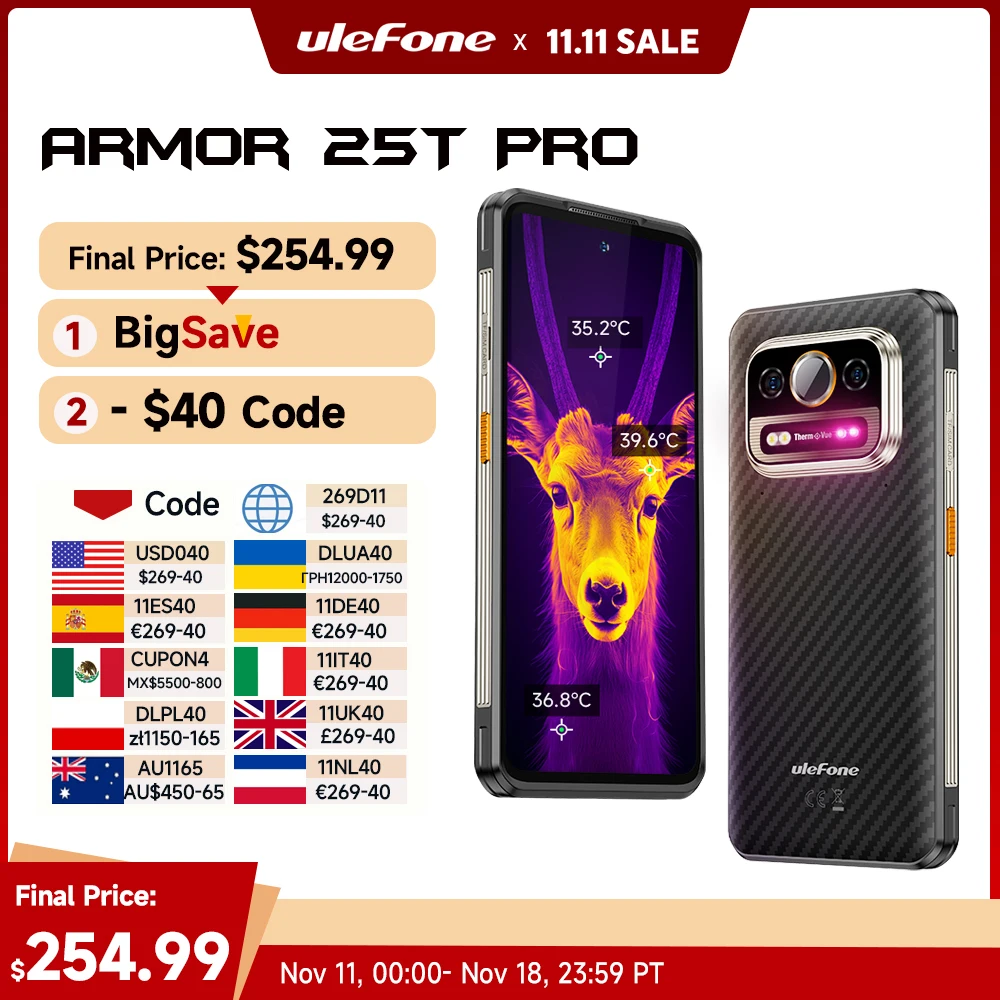 Cell Phone Mobile Phone Ulefone Armor 25T Pro 5G Thermal Imaging Rugged Android 14 33W 50MP+64MP NFC Waterproof Smartphone