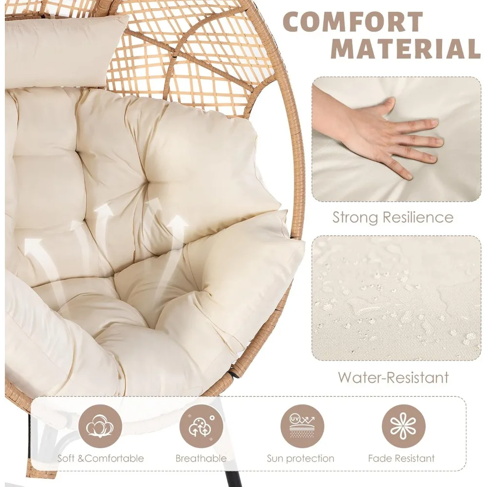 2 Pieces Egg Chair Wicker Patio Egg Chair with Ottoman Rattan Teardrop Cuddle Cocoon Chair for Indoor Outdoor Bedroom Porch Back 5