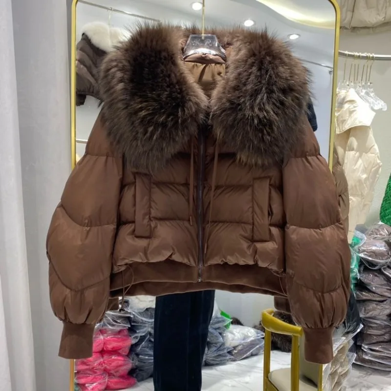 2023 New Winter Puffer Jacket Women Thick Warm Short Parkas Real Natural Raccoon Fur Female Loose 90% White Duck Down Coat