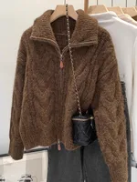 Retro Solid Double Zipper Turn-down Collar Sweater Women Autumn Winter New Lazy Style Loose Knitted Cardigan Thicken Loose Tops - Image 2