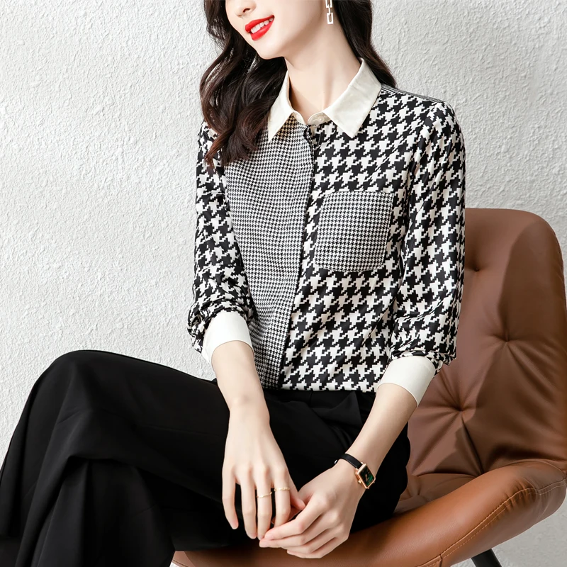 

Houndstooth Shirt Women Blouse Long Sleeve Korean Fashion Spring New Chiffon Casual Splicing Tops