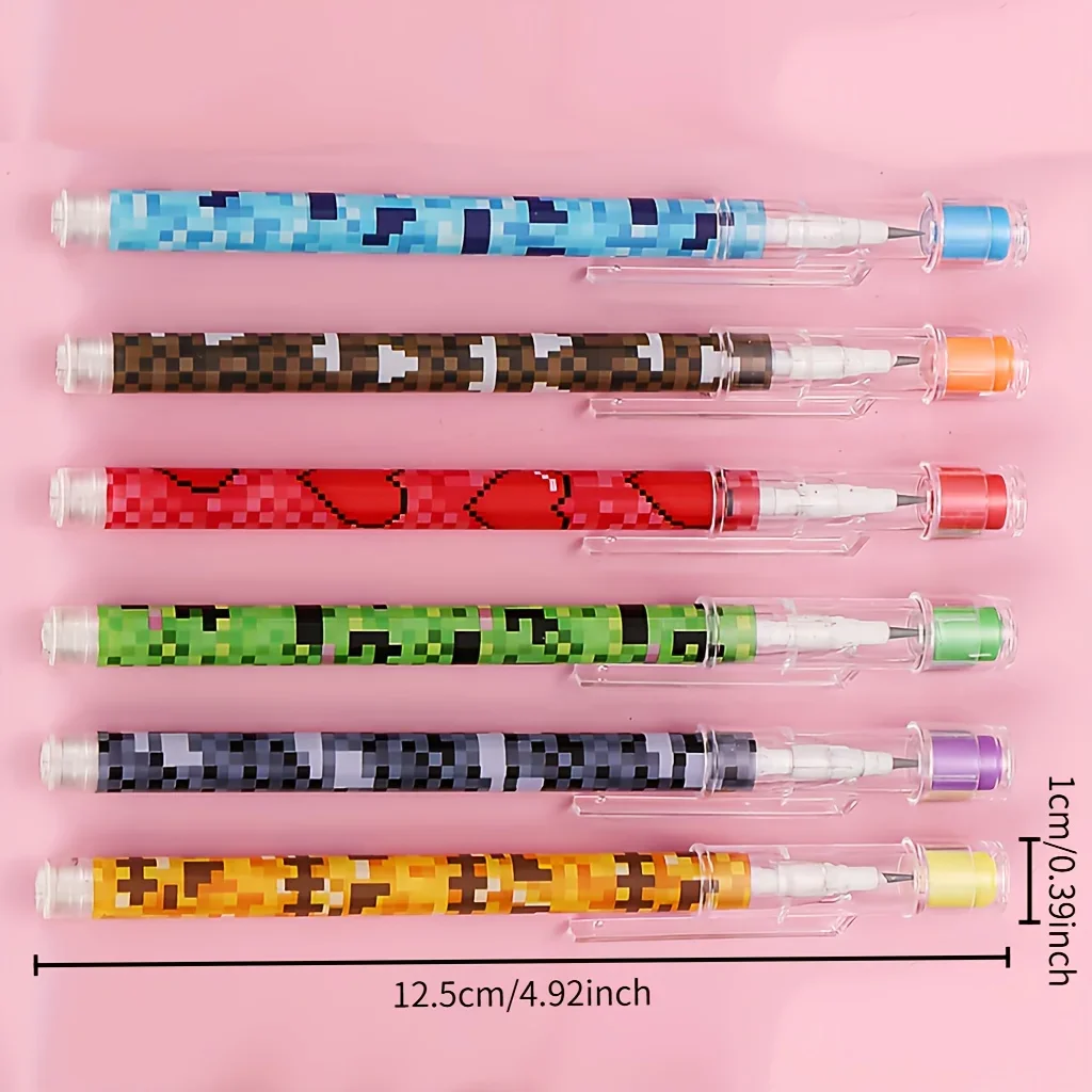 Set di matite colorate stile pixel da 6 pezzi, matite da disegno con motivo creativo a cartoni animati, cancelleria per scrittura e colorare lisci per bambini - immagine 5