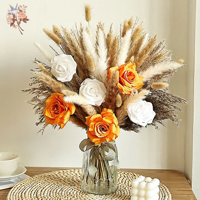 71Pcs Artificial Flower Arrangement Mix Real Rose Dried Pampas Grass