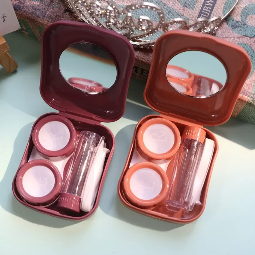 Solid Color Elegant Lady Contact Lens Case with Mirror Cosmetic Contact Box Eyes Care Lenses Container Box Gift Case