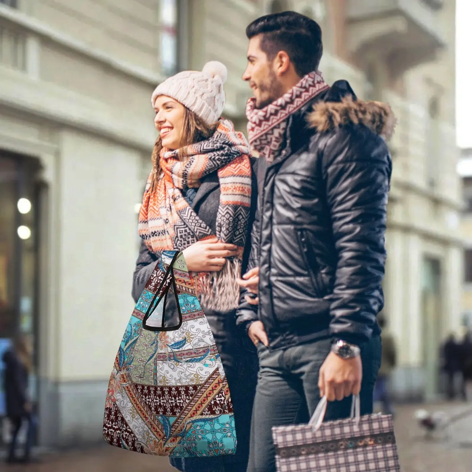 Color Blocked Tote Small Shopper Shoulder Bag Exotic Ethnic Style Large Shopping Bag Casual Woman Grocery Double Strap Bag