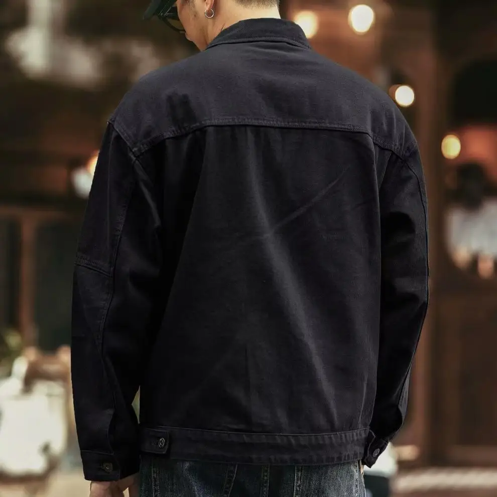 Denim Cargo Jacket - Plus Size Men's Oversize Casual Coat With Turn-Down Collar