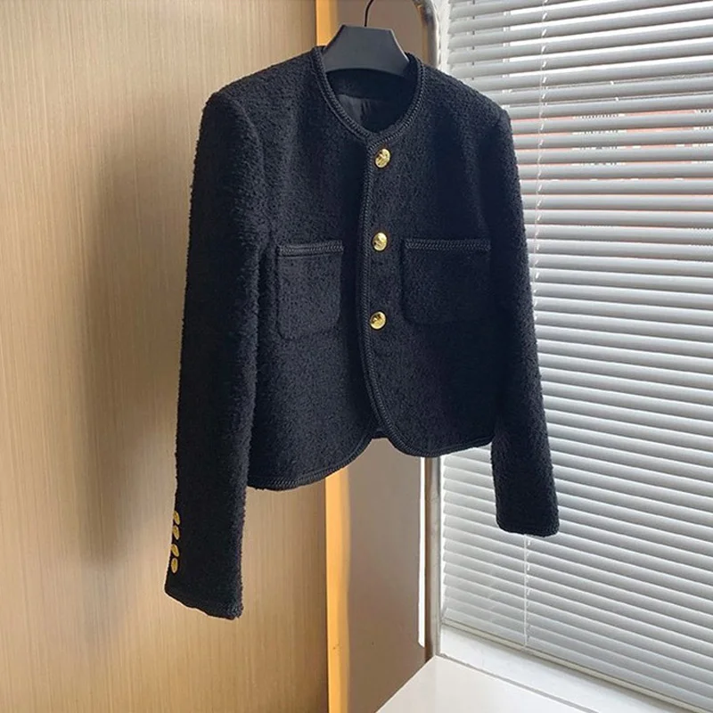 

Elegant Women Tweed Jacket 2023 Autumn Long Sleeve Button Frayed Cropped Jacket Female Fashion O-neck Pocket Short Coats